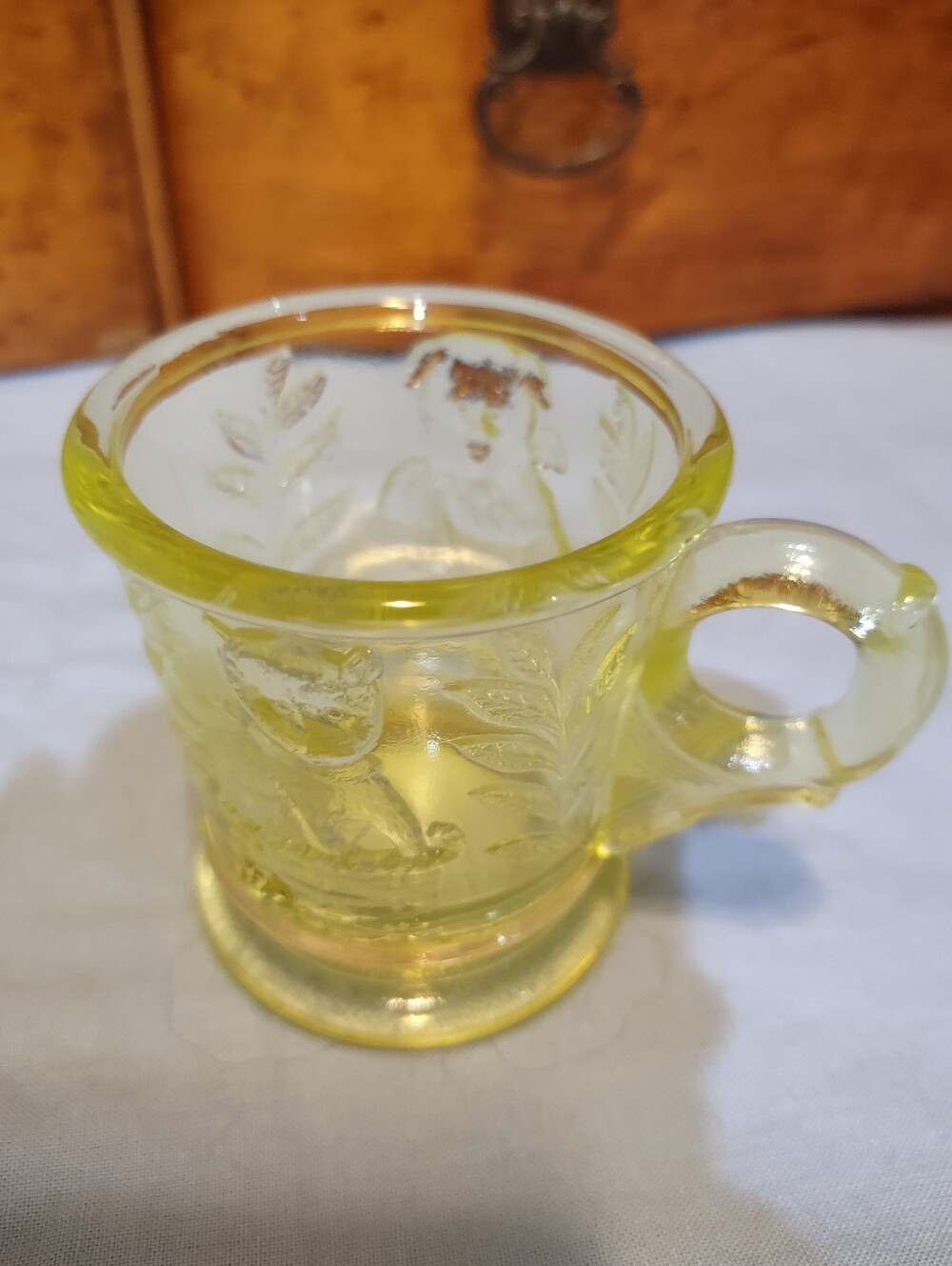Vaseline Uranium Glass Kitten In A Basket Puppy In A Drum Mosser Glass Company